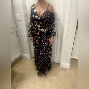 Black Floral Wrap Maxi Dress with Pink and Yellow Blooms